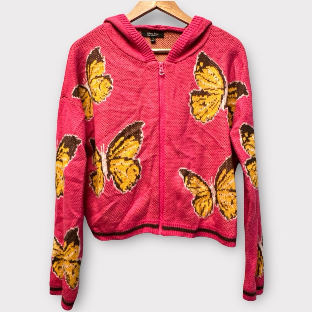 Witty Fox Pink Butterfly Knit Zip Up Hoodie Sweater Womens Medium Graphic Pink‎